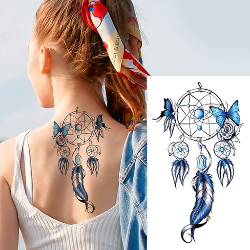 Tatouage attrape rêves dos blue butterfly