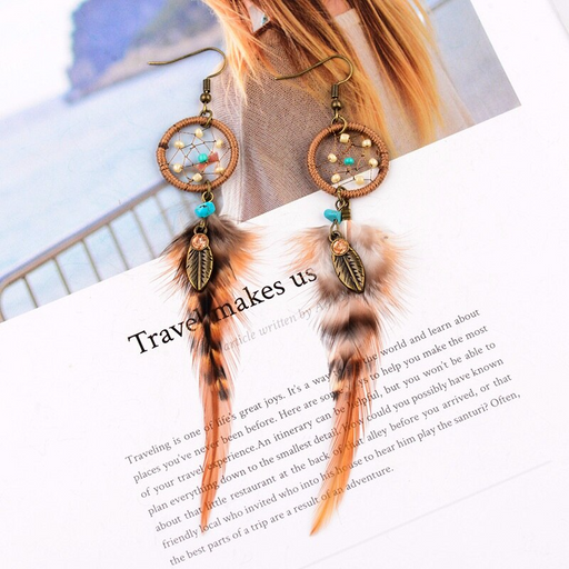 Boucles d'oreilles Attrape-rêves turquoise / plumes