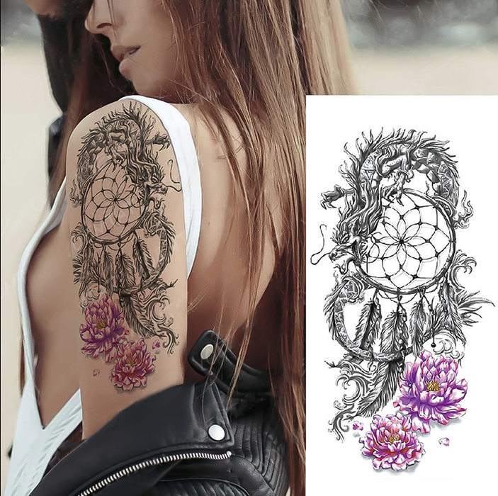 tatouage attrape-rêves provisoire Dragon / fleurs